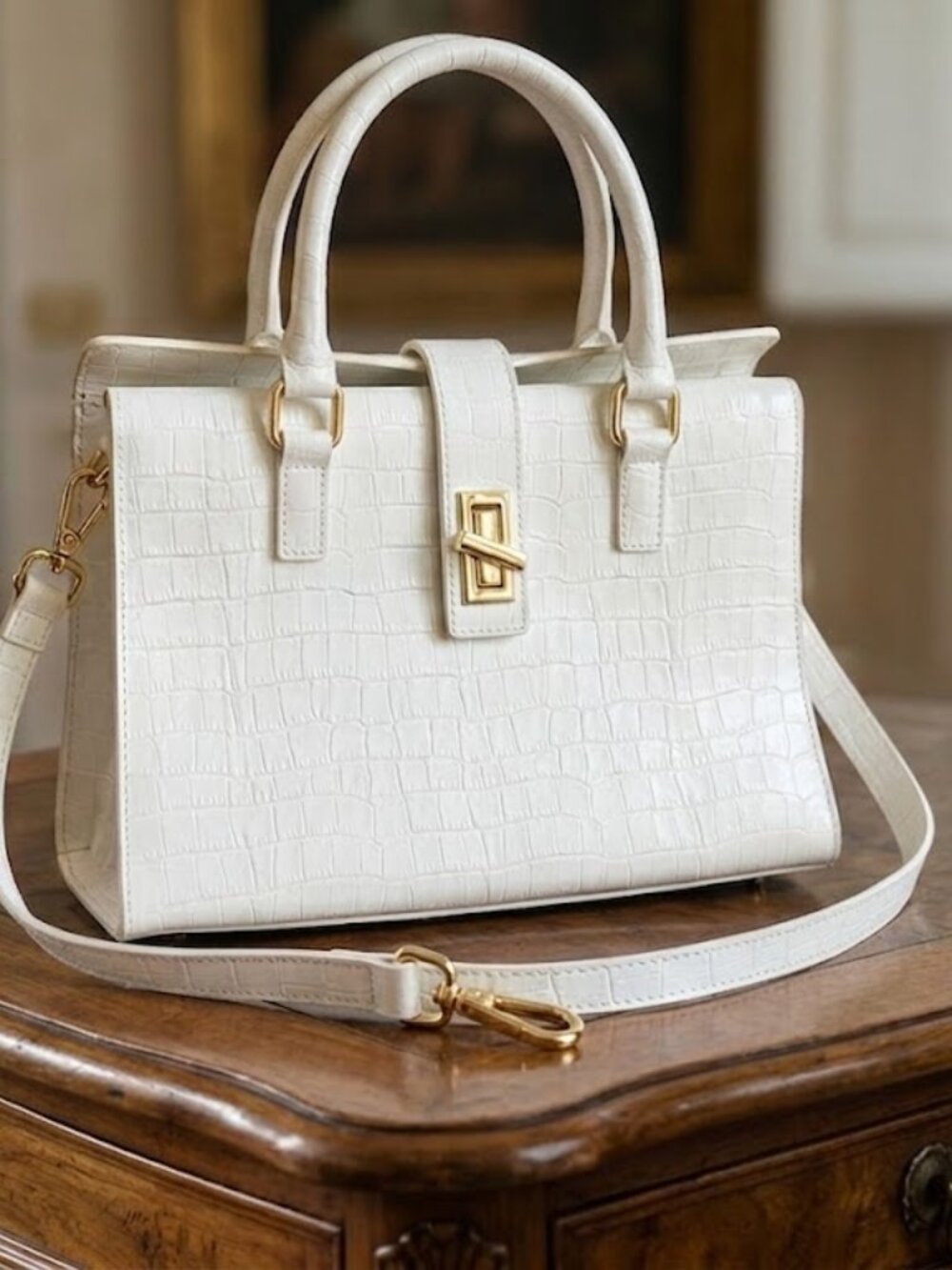 CLAUDIA FIRENZE White Croc Embossed Genuine Leather Bag Made in Italy Satchel